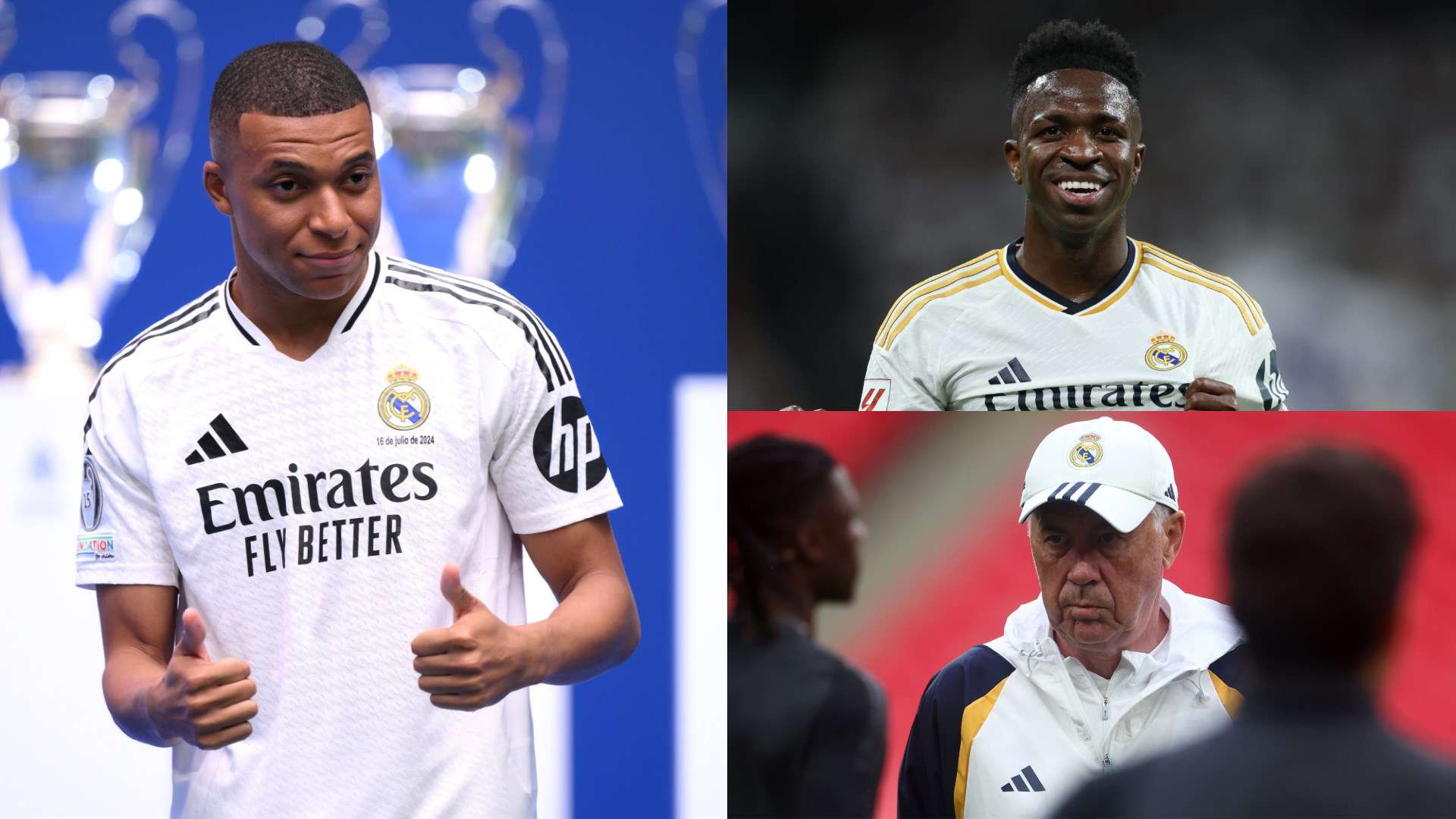 Kylian Mbappe, Vinicius Junior, and Carlo Ancelotti of Real Madrid